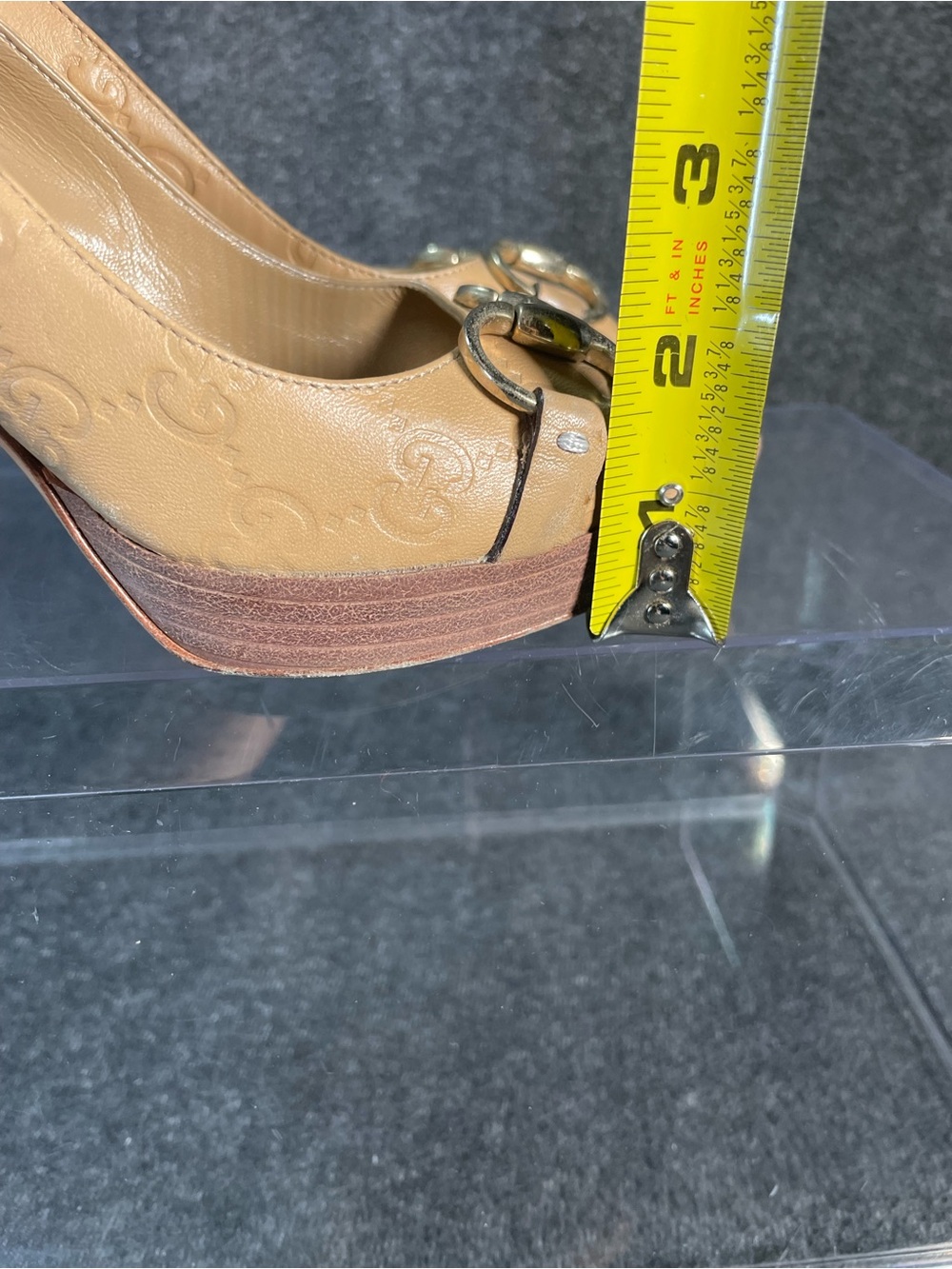 Gucci Guccisimma Horsebit Open Toe Light Sand Leather Heels Size 7 Monogram - Picture 9 of 16